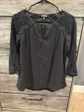 Express Black Lace-Detail 3/4 Sleeve Blouse